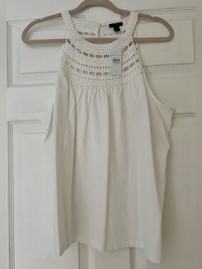 ANN TAYLOR Wht Crochet Lace Yoke Halter Top Sleeveless Cotton Blouse Sz Med NWT